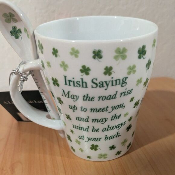 Irish Blessing Mug and Spoon Set NWT Shamrock Four Leaf Clover Tea Coffee Cup - Picture 3 of 5